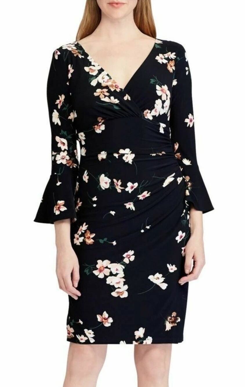 Ralph Lauren Navy Floral Stretch Matte Jersey Dress Bell Sleeves Women’s Size 4